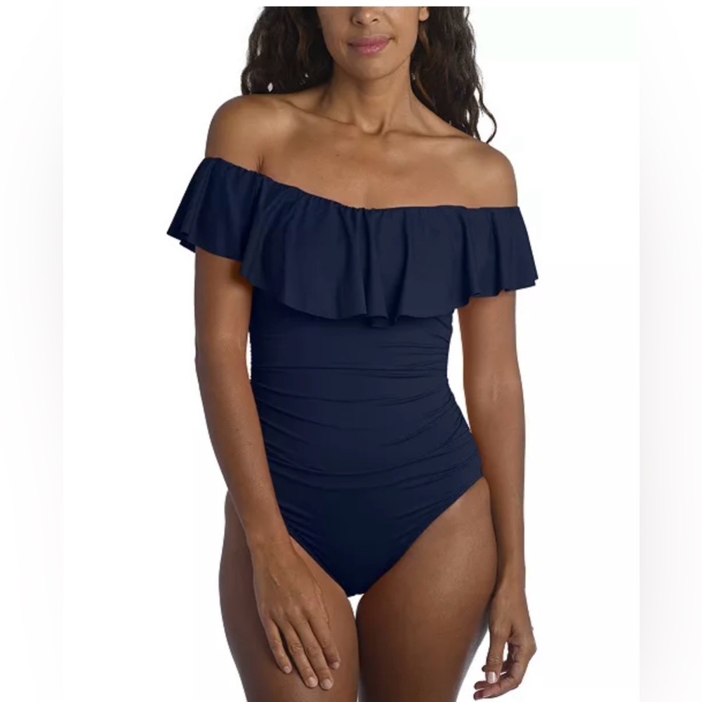 La Blanca Island Goddess Off-The-Shoulder Ruffled Tummy-Control Swimsuit Size 4